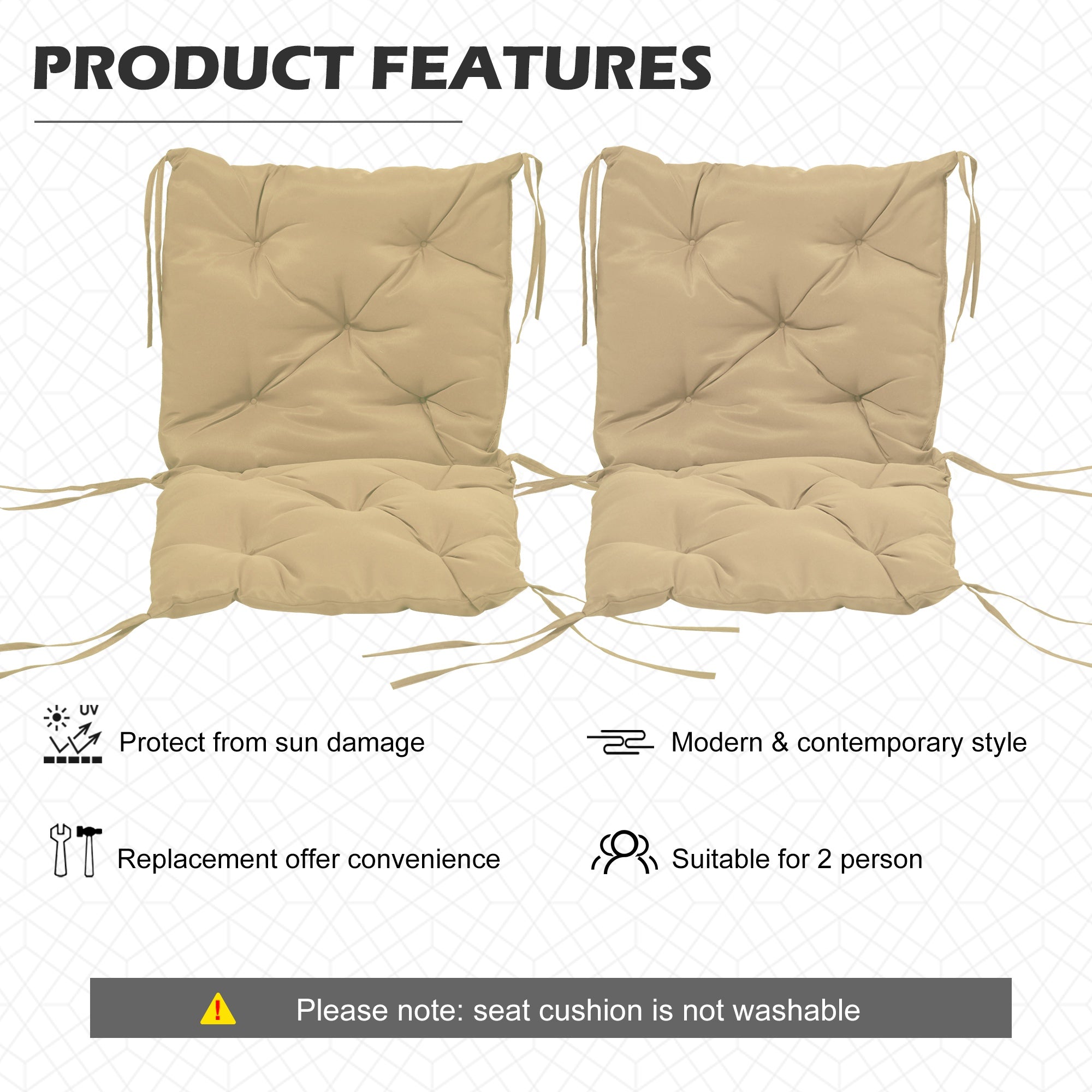 Outsunny Set of 2 Garden Chair Cushions Seat Pad with Backrest for Sunbeds Rocking Chairs Loungers Outdoor Indoor Use Khaki 