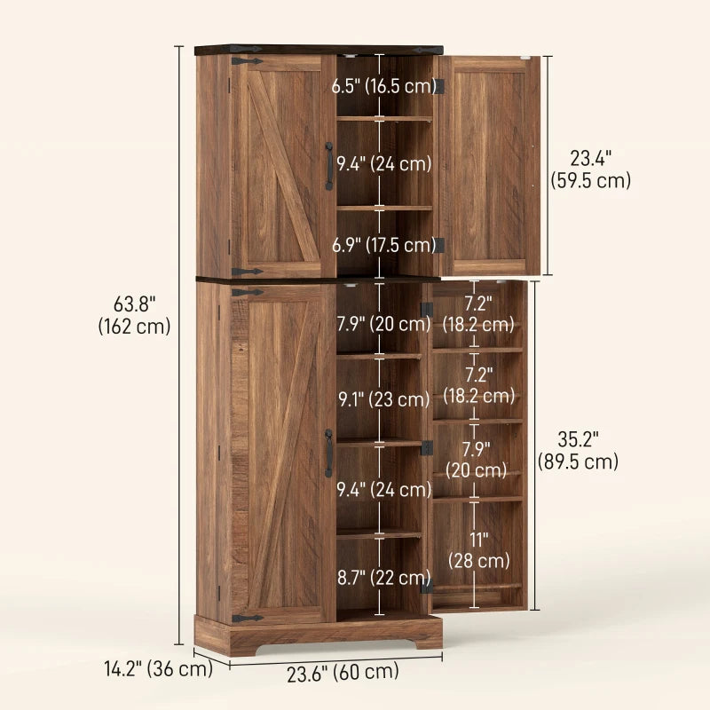 64" Tall Kitchen Pantry Cabinet with Spice Racks and Adjustable Shelves, Brown Wood Grain