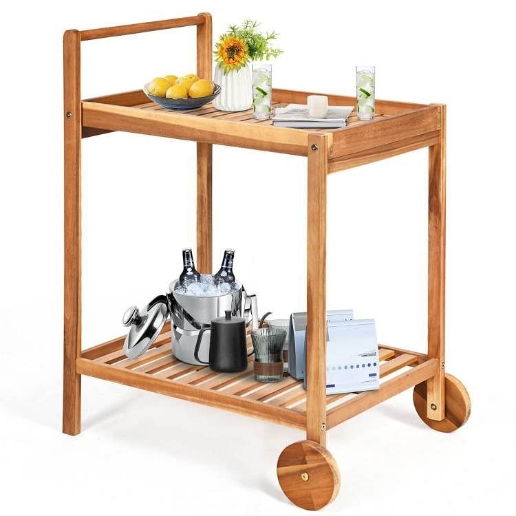 Solid Wood Rolling Serving Cart Kitchen Island with Bottom Shelf - Free Shipping 