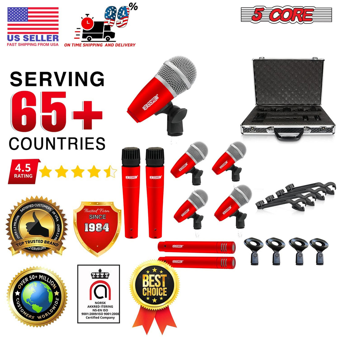 5Core Drum Mic Kit 9 Pcs Kick BassTom Snare Dynamic Mics Instrument Microphone Set RED