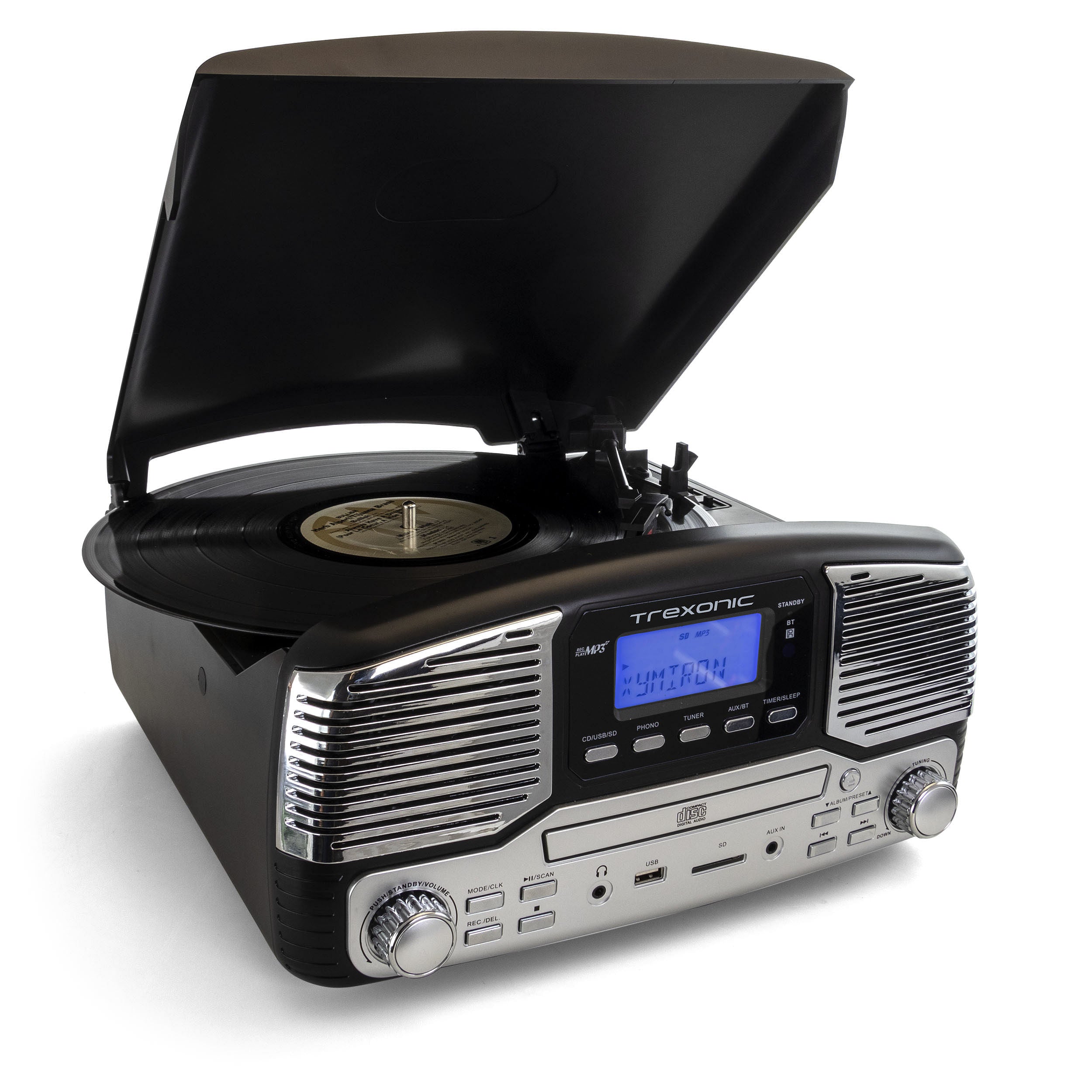 Trexonic Retro Wireless Bluetooth, Record and CD Player in Black - Free Shipping