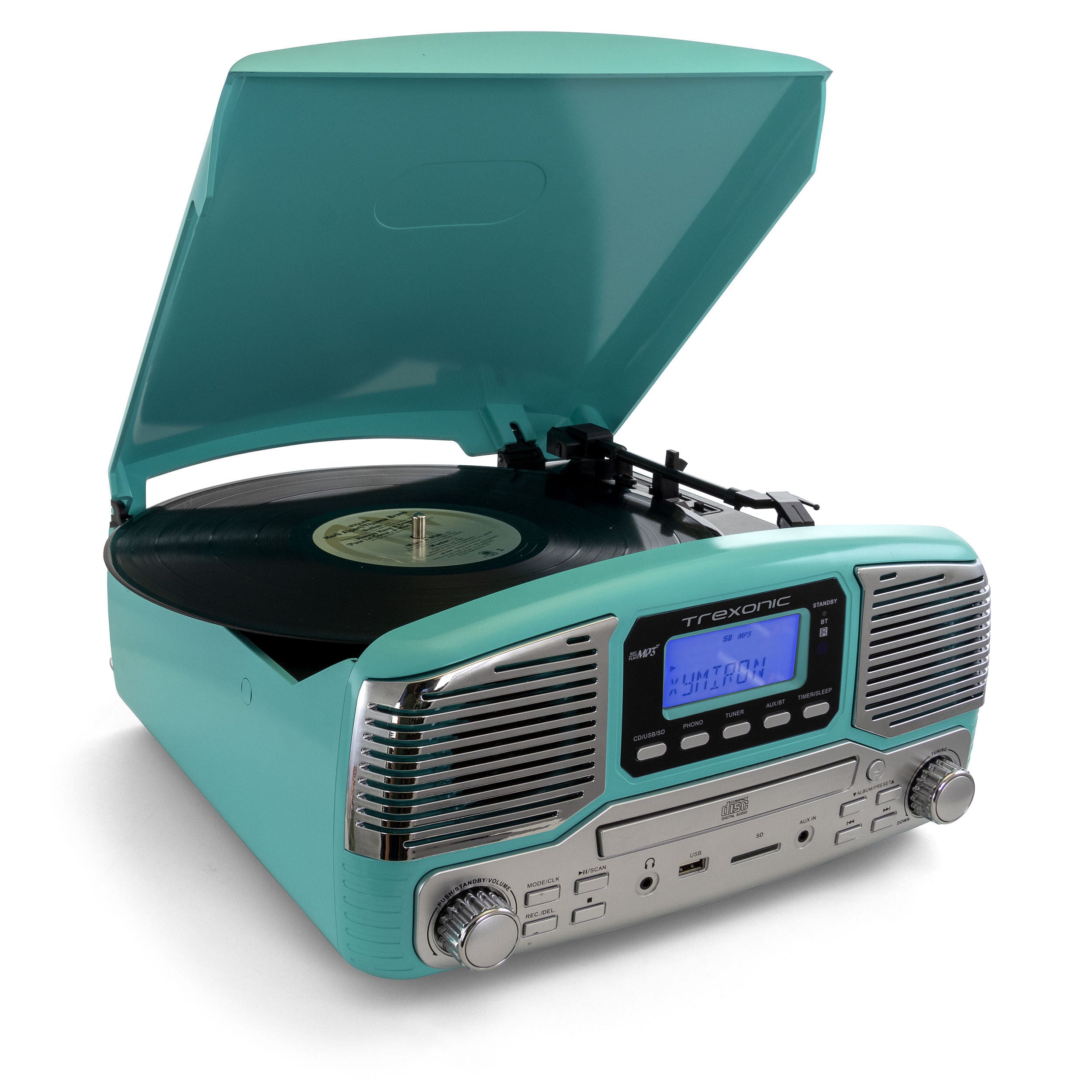 Refurbshied Trexonic Retro Wireless Bluetooth, Record and CD Player in Turquoise - Free Shipping 