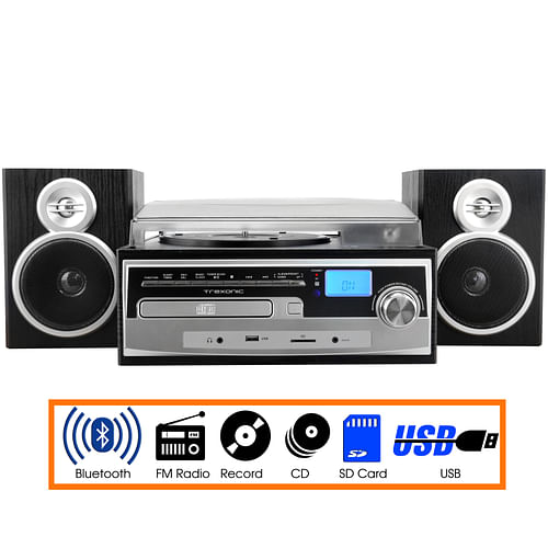 Trexonic 3-Speed Vinyl Turntable Home Stereo System with CD Player, FM Radio, Bluetooth, USB/SD Recording and Wired Shelf Speakers - Free Shipping