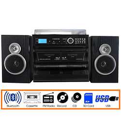 Trexonic 3-Speed Vinyl Turntable Home Stereo System with CD Player, Dual Cassette Player, Bluetooth, FM Radio & USB/SD Recording and Wired Shelf Speakers - Free Shipping