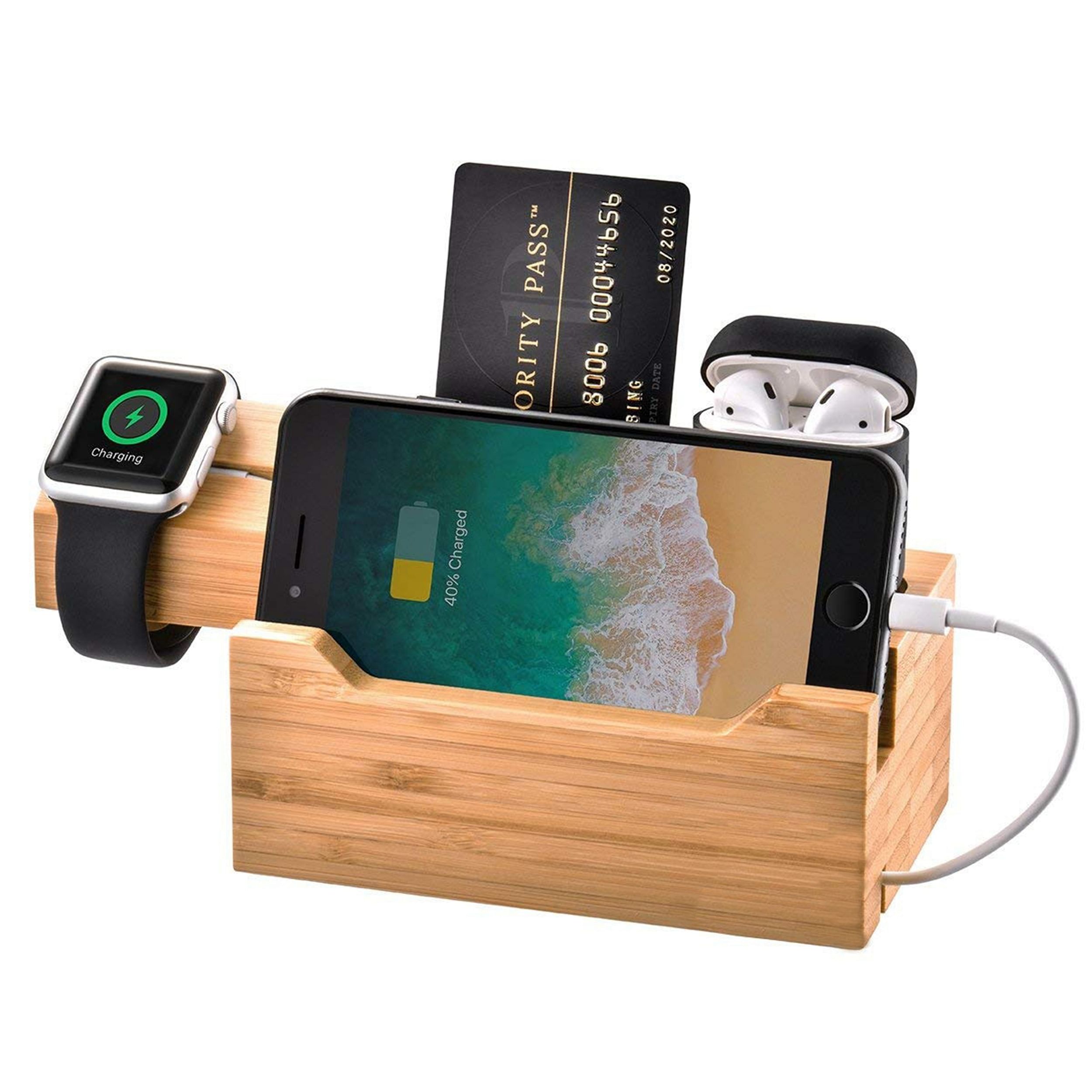 Trexonic 3 in 1 Bamboo Charging Station with Card Holder - Free Shipping