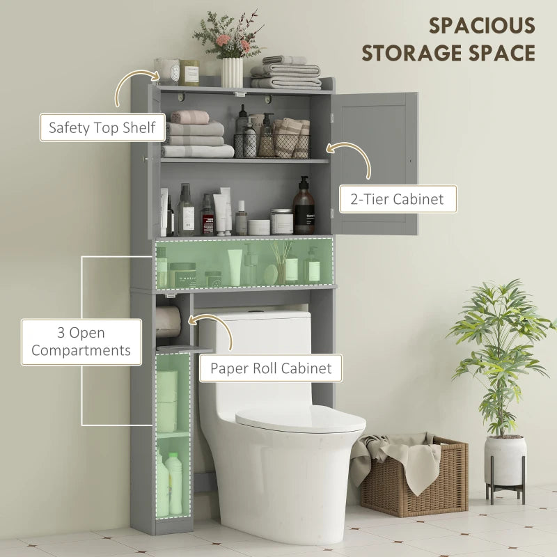 Modern Over the Toilet Storage Cabinet with 2 Doors, Above Commode Storage Cabinet with Toilet Paper Holder, Grey