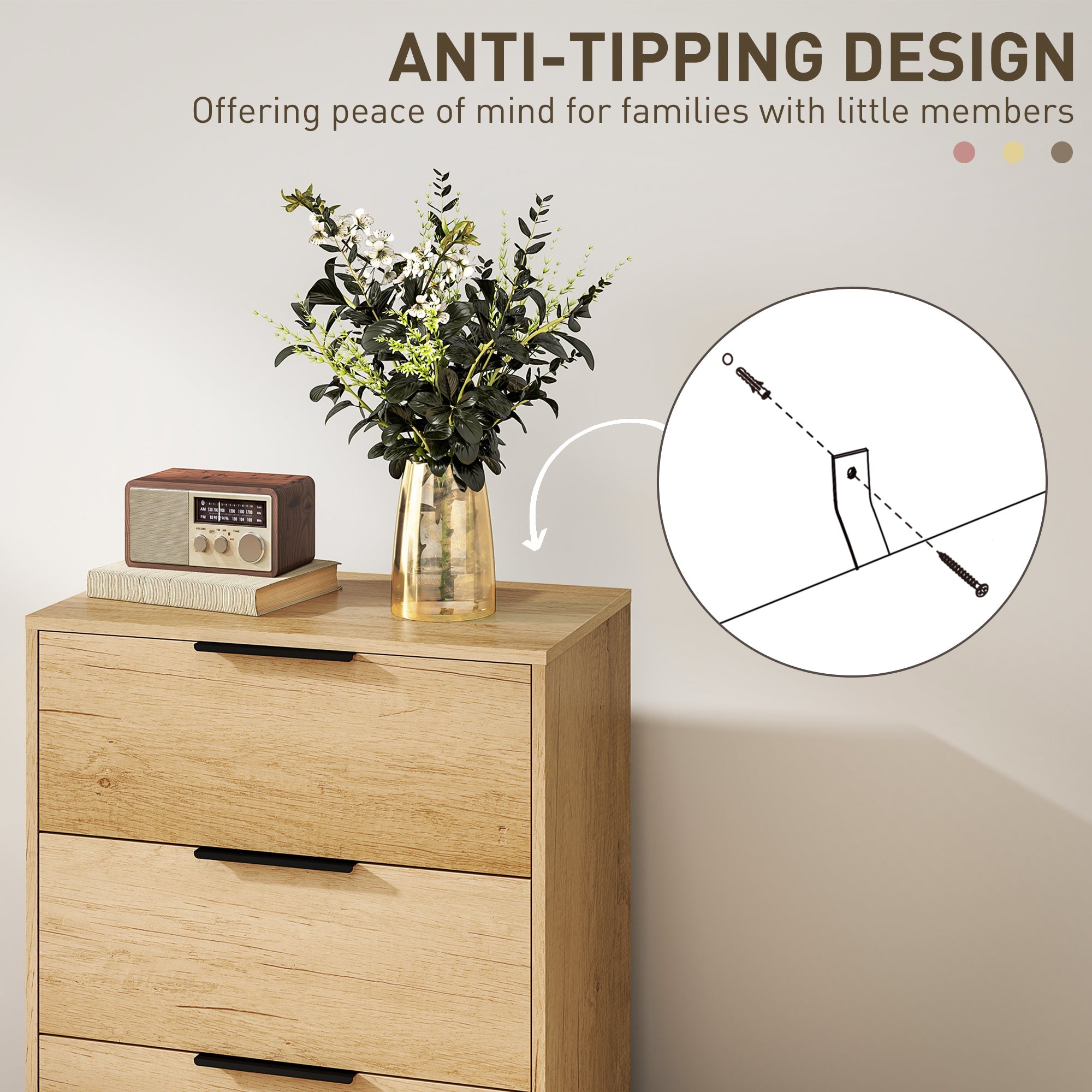 HOMCOM Dresser for Bedroom, 3 Drawer Dresser Tower, Chest of Drawers for Hallway, Entryway, Closet, Natural 