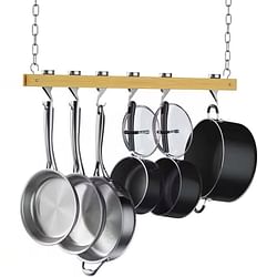 Ceiling Mounted 36-inch Wooden Pot Rack with 4 Pan Hanging Hooks and 2 Swivel Hooks - Free Shipping