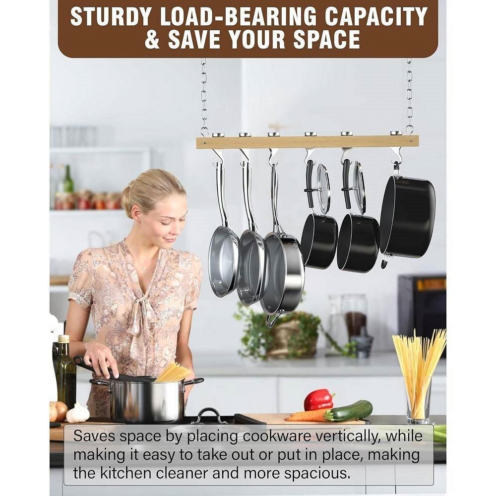 Ceiling Mounted 36-inch Wooden Pot Rack with 4 Pan Hanging Hooks and 2 Swivel Hooks - Free Shipping