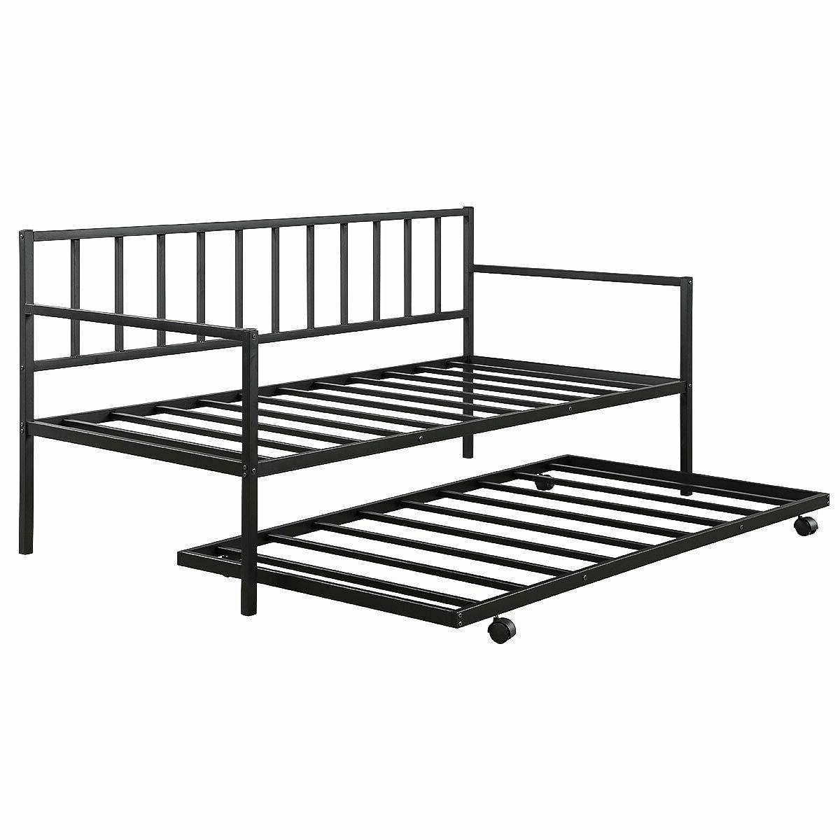 Twin size Black Metal Daybed with Roll-out Trundle Bed Frame - Free Shipping