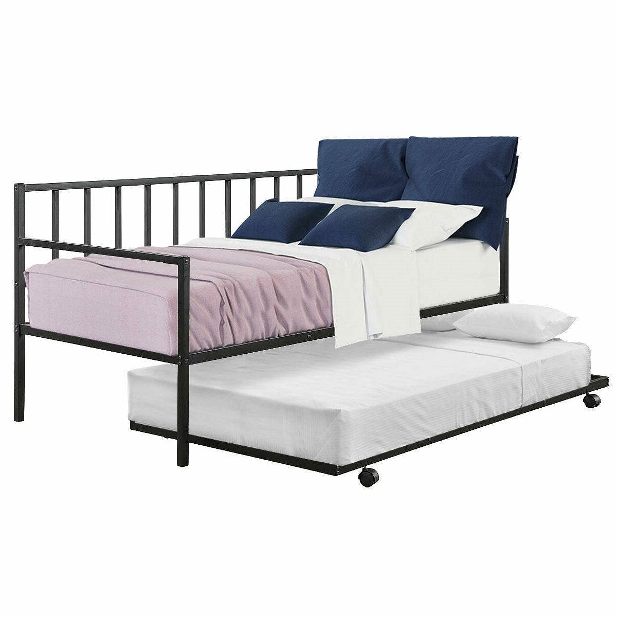 Twin size Black Metal Daybed with Roll-out Trundle Bed Frame - Free Shipping