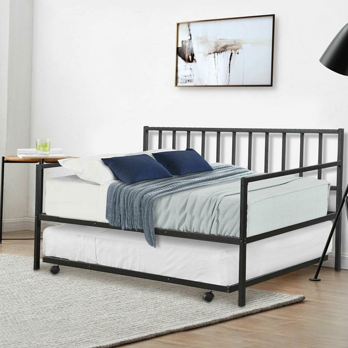 Twin size Black Metal Daybed with Roll-out Trundle Bed Frame - Free Shipping