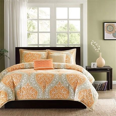 Twin size 4-Piece Orange White Damask Print Comforter Set - Free Shipping