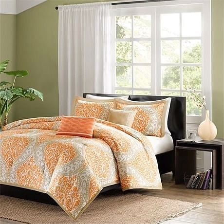 Twin size 4-Piece Orange White Damask Print Comforter Set - Free Shipping