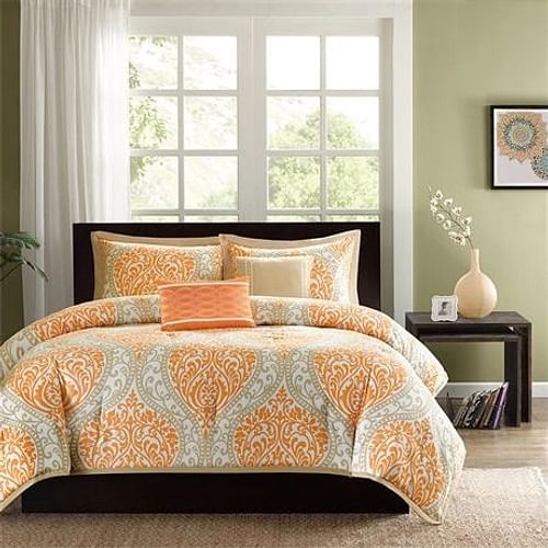 Twin size 4-Piece Orange White Damask Print Comforter Set - Free Shipping