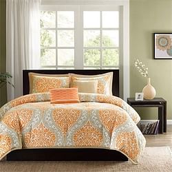 Twin size 4-Piece Orange White Damask Print Comforter Set - Free Shipping