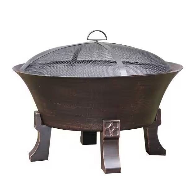 26-inch Outdoor Cast Iron Fire Pit with Mesh Cover and Poker in Bronze - Free Shipping