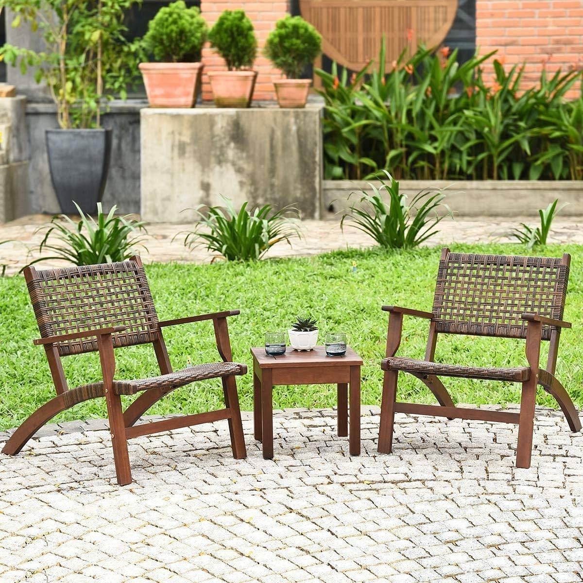 Solid Wood and Rattan 3-Piece Outdoor Patio Furniture Table Chairs Set - Free Shipping