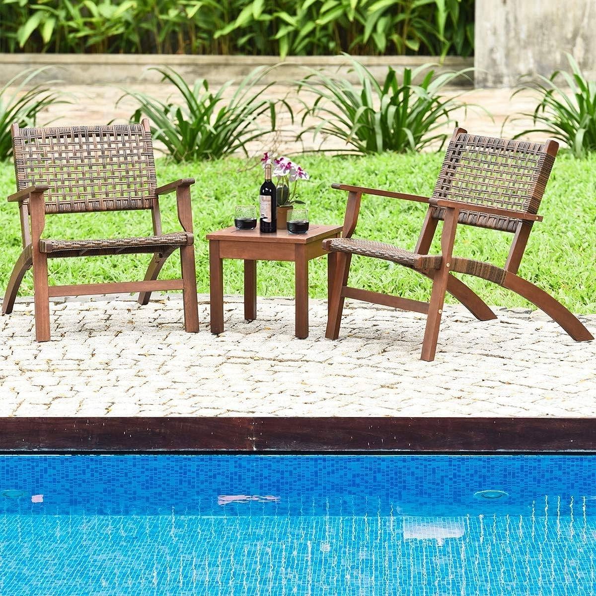 Solid Wood and Rattan 3-Piece Outdoor Patio Furniture Table Chairs Set - Free Shipping