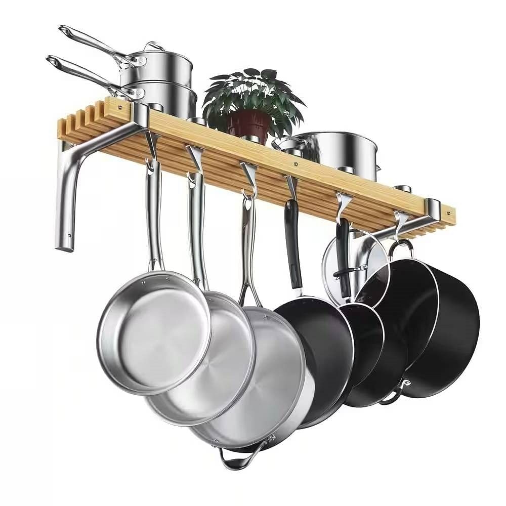 36-inch x 8-inch Wall Mounted Metal Wood Pot Rack with 6 Swivel Hooks - Free Shipping