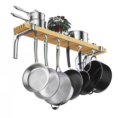 36-inch x 8-inch Wall Mounted Metal Wood Pot Rack with 6 Swivel Hooks - Free Shipping 