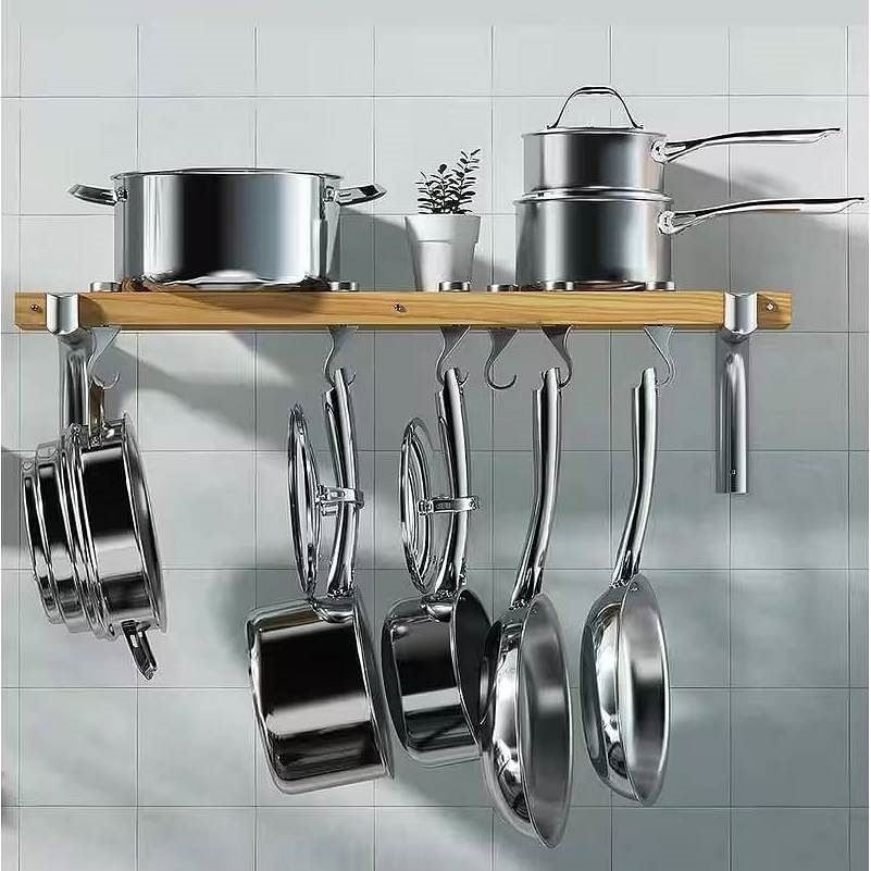 36-inch x 8-inch Wall Mounted Metal Wood Pot Rack with 6 Swivel Hooks - Free Shipping