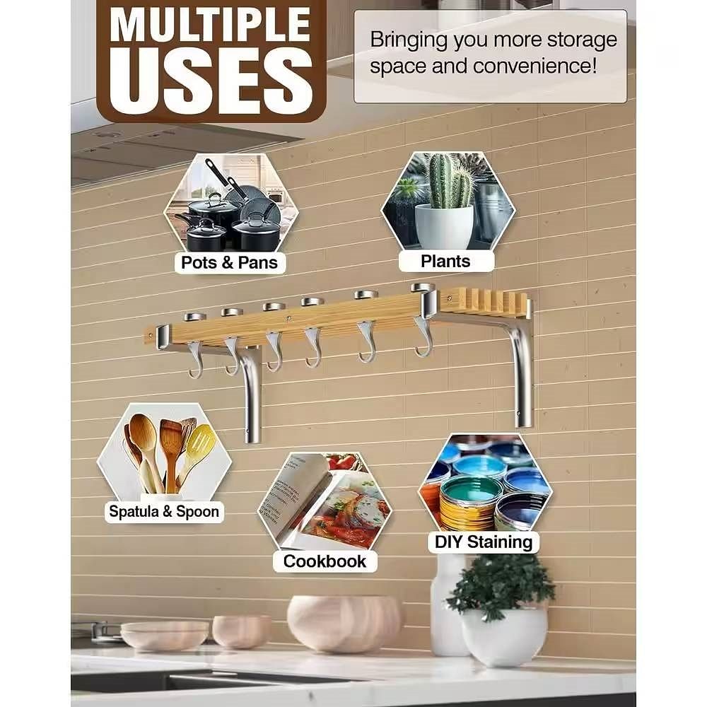 36-inch x 8-inch Wall Mounted Metal Wood Pot Rack with 6 Swivel Hooks - Free Shipping