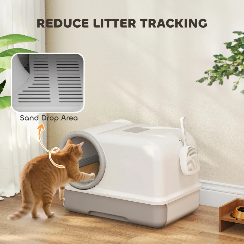 Cat Litter Box Easy Clean Drawer Odor Control Hooded Cat Litter Tray with Scoop White and Grey