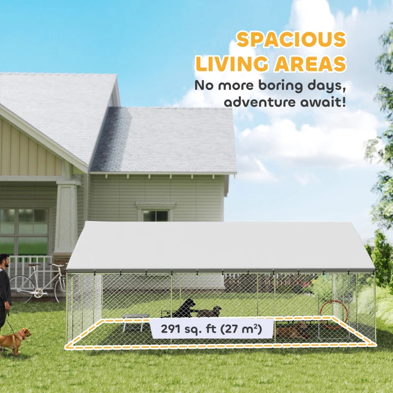 Galvanized Steel Outdoor Dog Kennel with Roof, Safety Locks, for Backyard, 19.7' x 14.8' x 7.9'