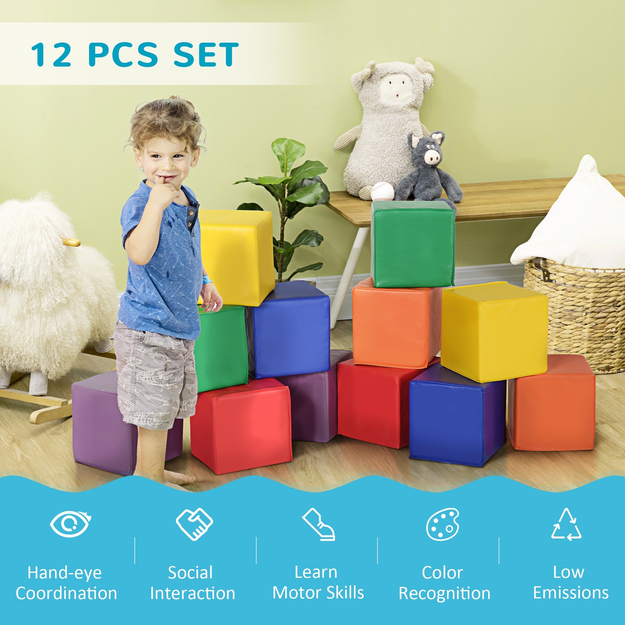 Soozier 12-Piece Soft Stacking Blocks: Non-Toxic Foam Building Blocks for Toddlers, Babies 