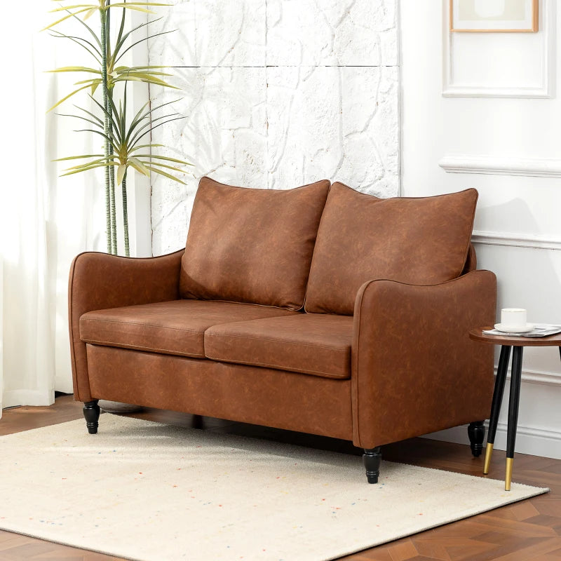 55" Loveseat Sofa, Small 2 Seater Couch with Solid Wood Legs, Modern PU Leather Upholstered Sofa for Small Spaces, Brown