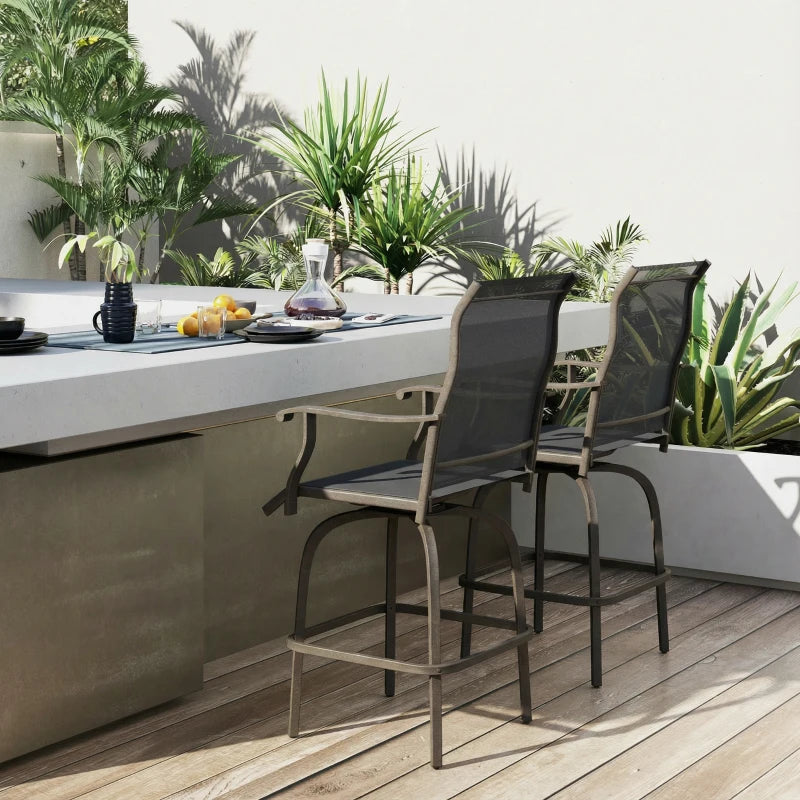 Outdoor Bar Stools Set of 2, Swivel Bar Height Chairs with High Back, Curved Armrests and Steel Frame, Light Grey