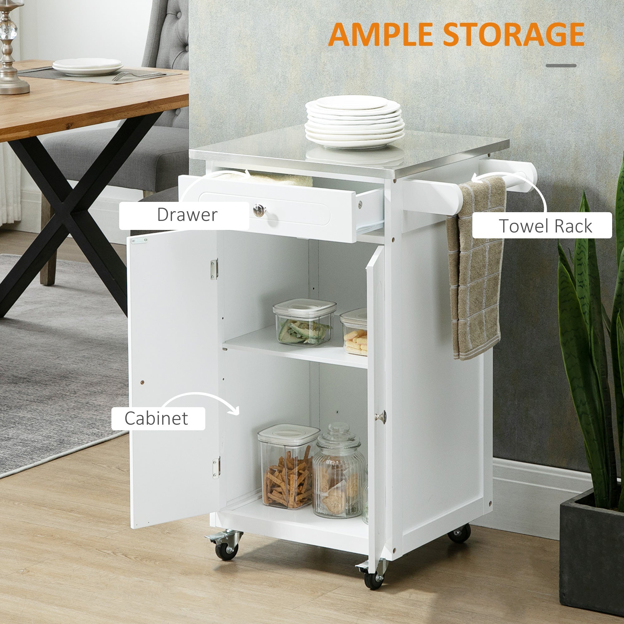HOMCOM Compact Kitchen Cart Island Stainless Steel Top Mobile Trolley Storage Drawer Dining White 