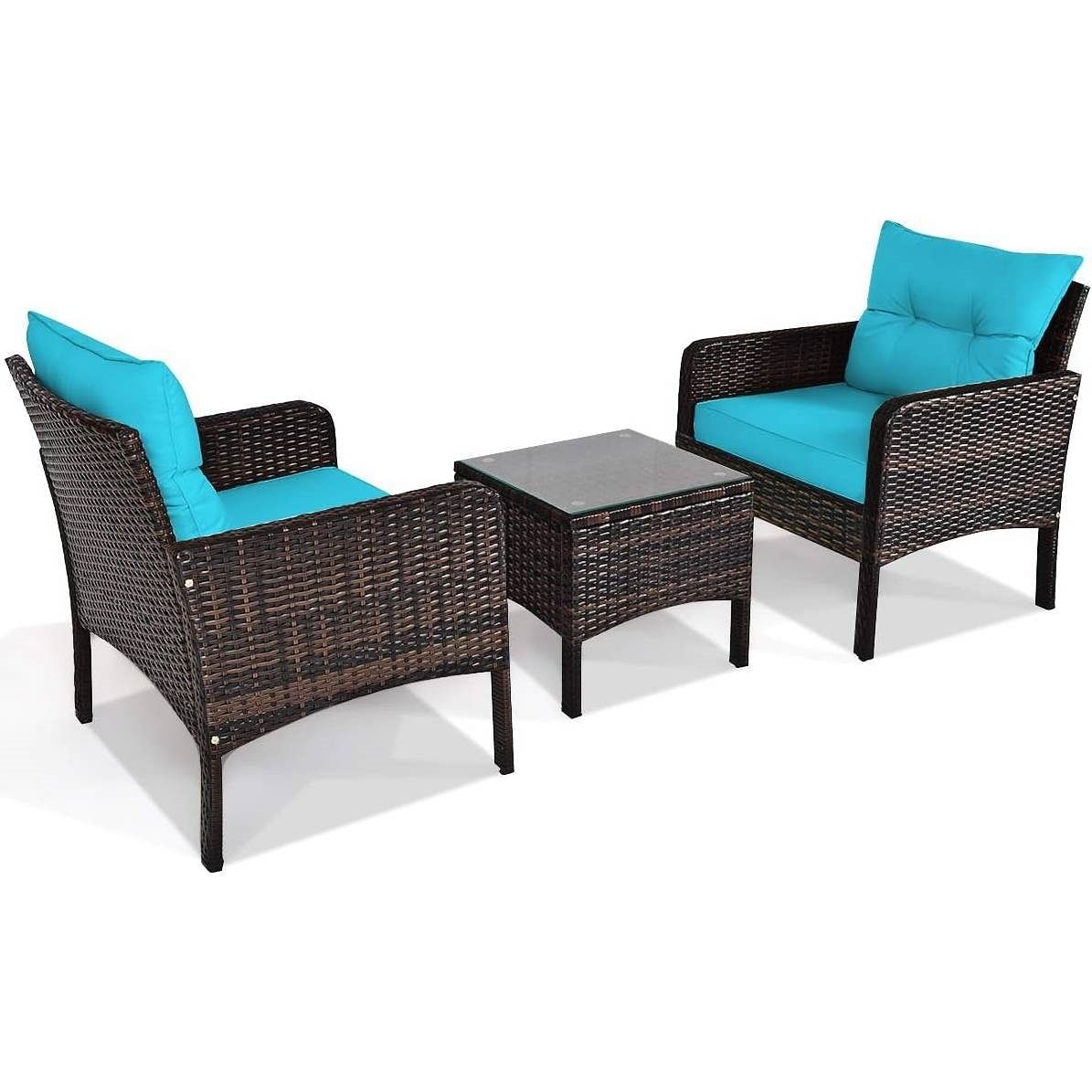 3-Piece Brown PE Rattan Outdoor Patio Furniture Dining Set w/ Turquoise Cushions - Free Shipping 