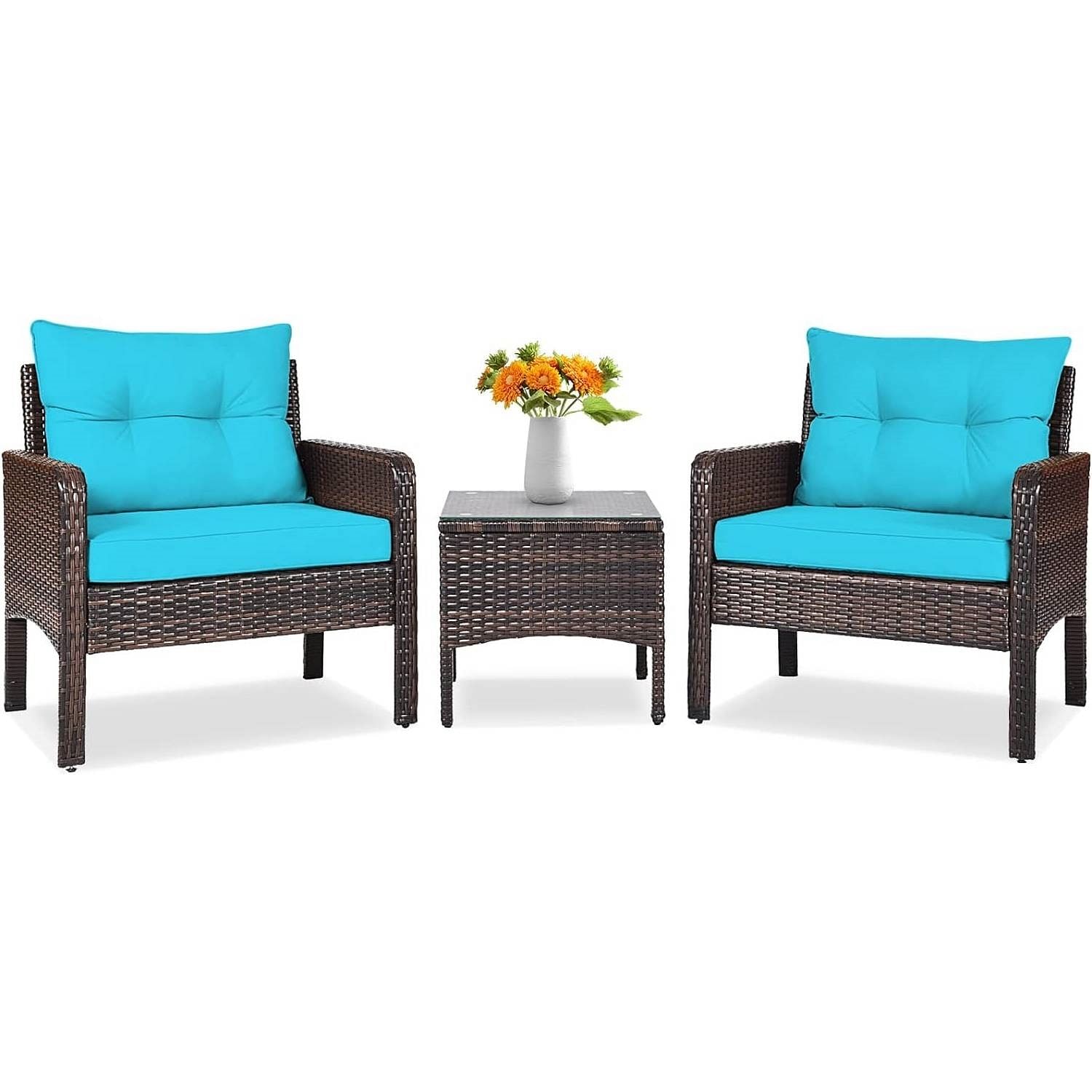 3-Piece Brown PE Rattan Outdoor Patio Furniture Dining Set w/ Turquoise Cushions - Free Shipping