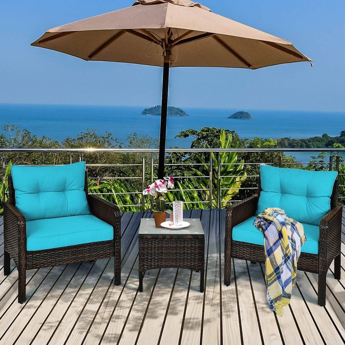 3-Piece Brown PE Rattan Outdoor Patio Furniture Dining Set w/ Turquoise Cushions - Free Shipping