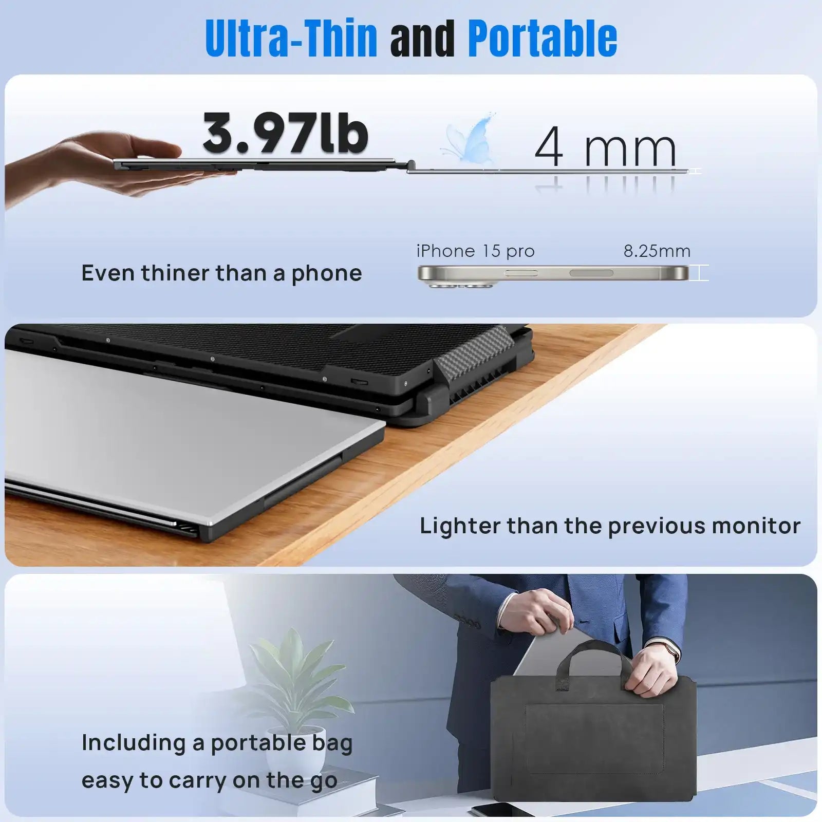 TUTT 15.6″ Dual Screen Portable Monitor, Silver Ultra Thin & Light |USB-C + HDMI Setup, Built-In Speaker + Leather Bag | H5 Video Transmission Cable Included P7