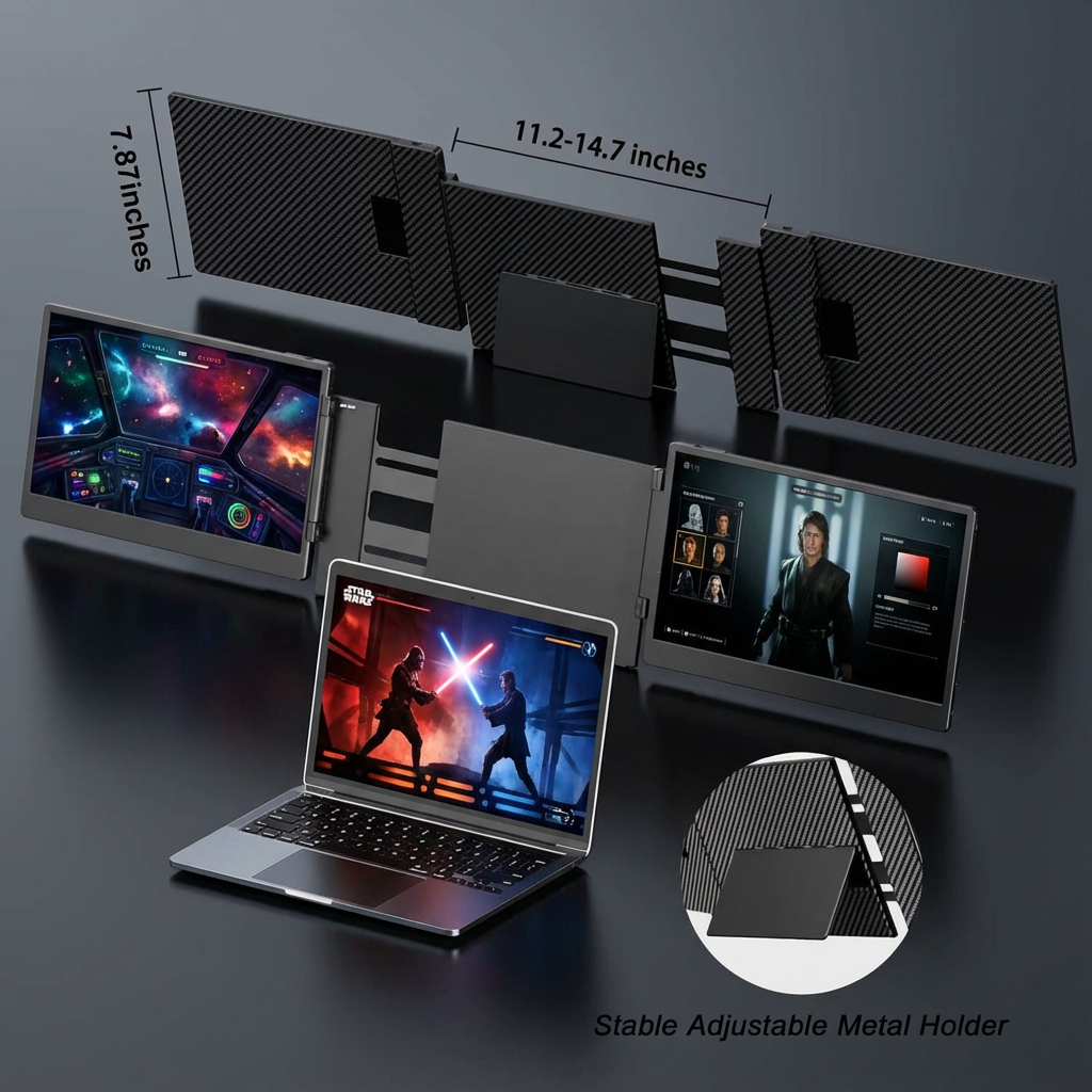 TUTT 14” FHD Portable Monitor – S3 Triple Screen Extender, IPS, Built-in Stand & Speakers | All Devices (H5 Converter Cable Included)