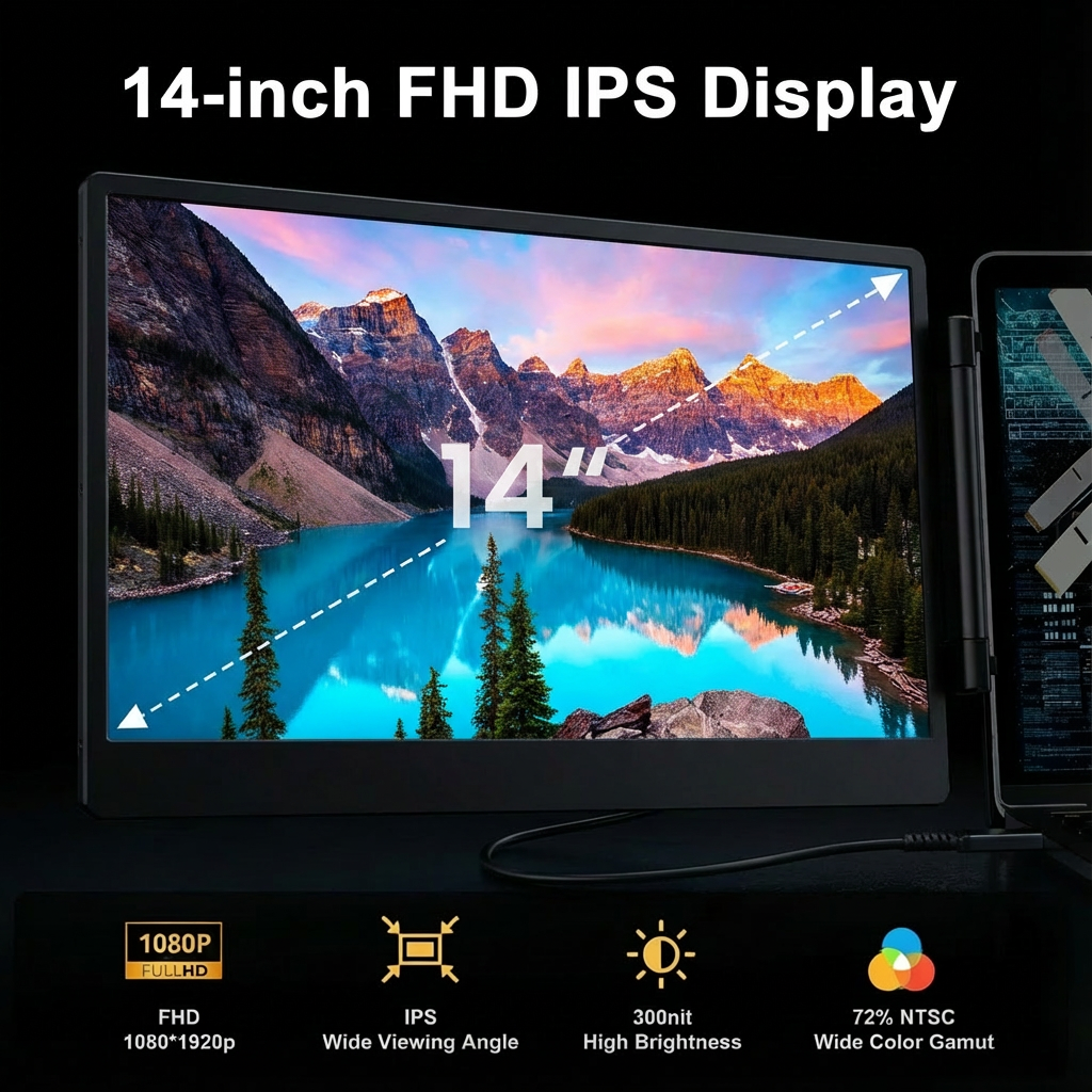 TUTT 14” FHD Portable Monitor – S3 Triple Screen Extender, IPS, Built-in Stand & Speakers | All Devices (H5 Converter Cable Included)