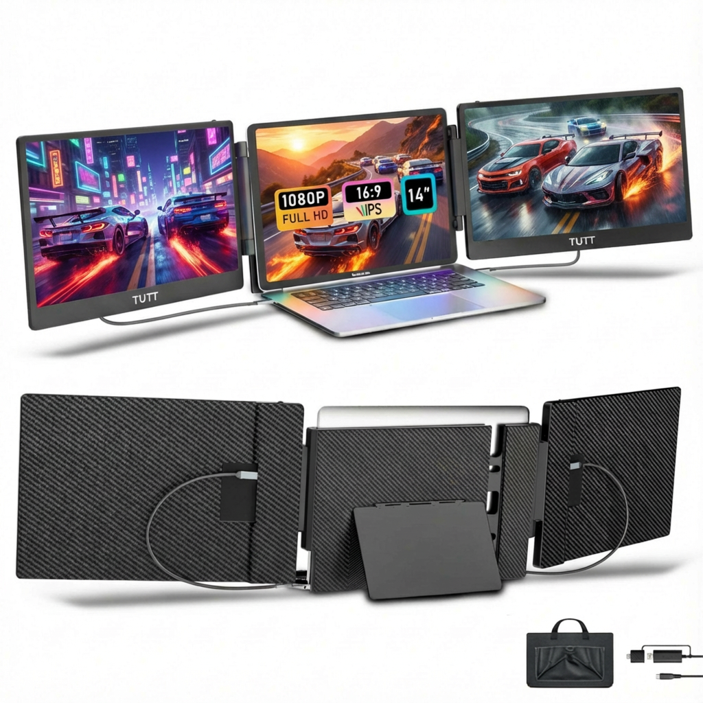 TUTT 14” FHD Portable Monitor – S3 Triple Screen Extender, IPS, Built-in Stand & Speakers | All Devices (H5 Converter Cable Included)