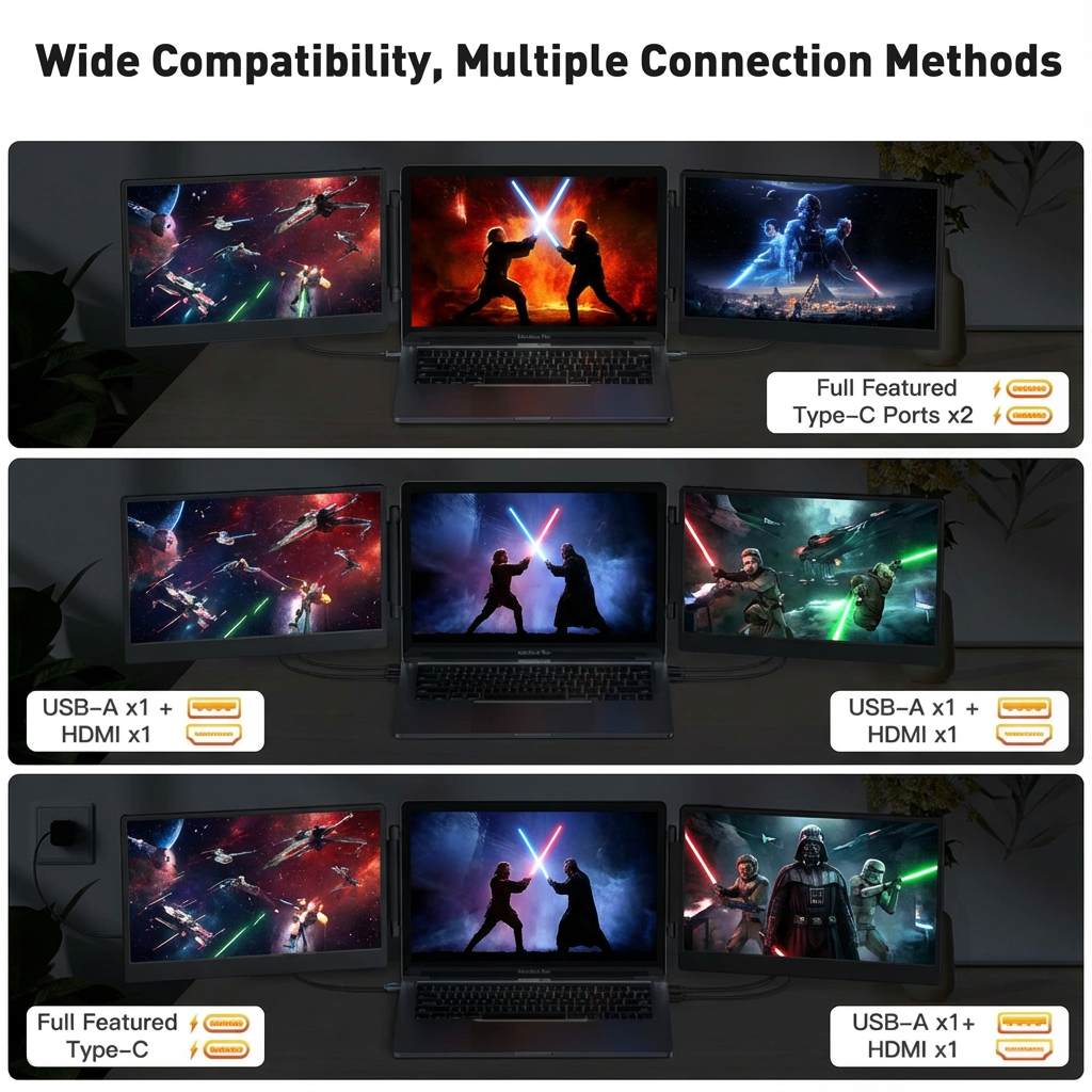 TUTT 14” FHD Portable Monitor – S3 Triple Screen Extender, IPS, Built-in Stand & Speakers | All Devices (H5 Converter Cable Included)
