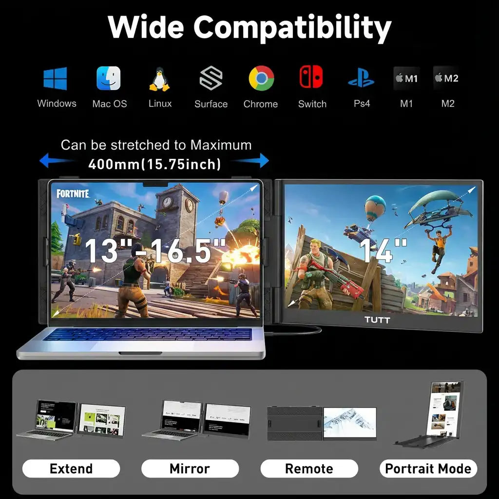 TUTT 14” Laptop Screen Extender | Ultra Thin Portable Monitor for Windows, Mac, USB-C & HDMI Devices, S8