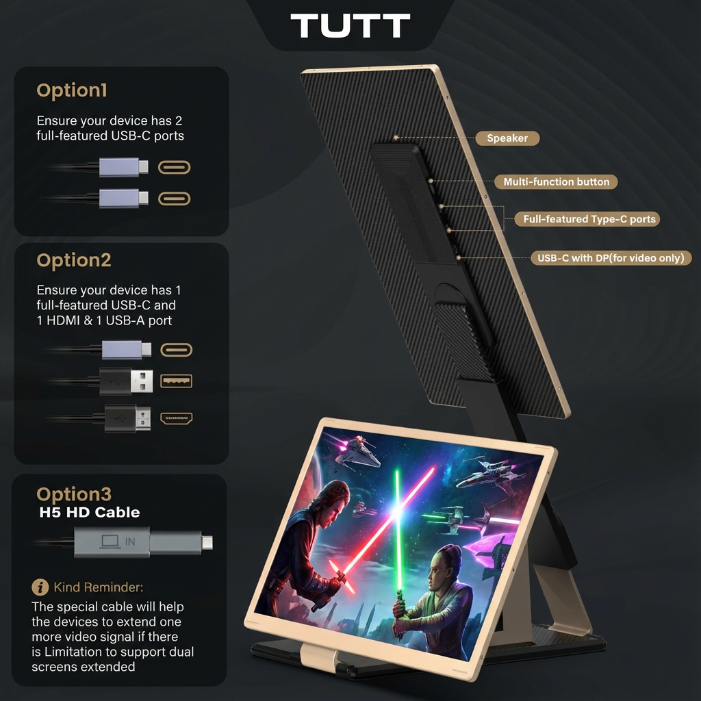 TUTT 15.6” FHD Portable Monitor – S6 Triple Screen Extender, USB-C/HDMI, 7 Viewing Modes | All Devices Compatible with Converter Cable (H5 Included)