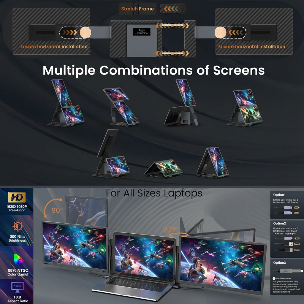 TUTT 15.6” FHD Portable Monitor – S6 Triple Screen Extender, USB-C/HDMI, 7 Viewing Modes | All Devices Compatible with Converter Cable (H5 Included)