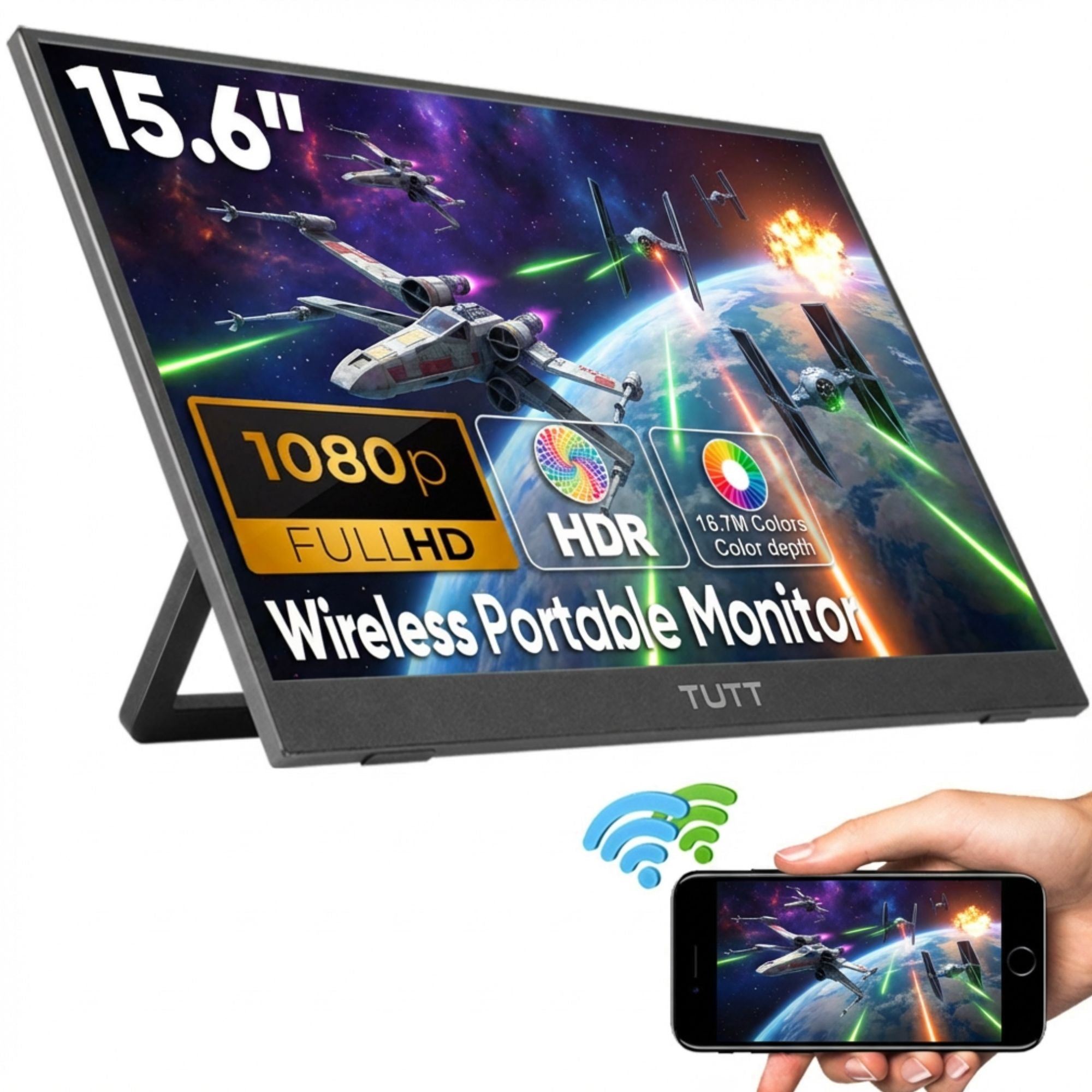 TUTT 15.6" Wireless Portable Monitor | Built-in Kickstand & Speaker | IPS LCD for Laptop and Mobile W8