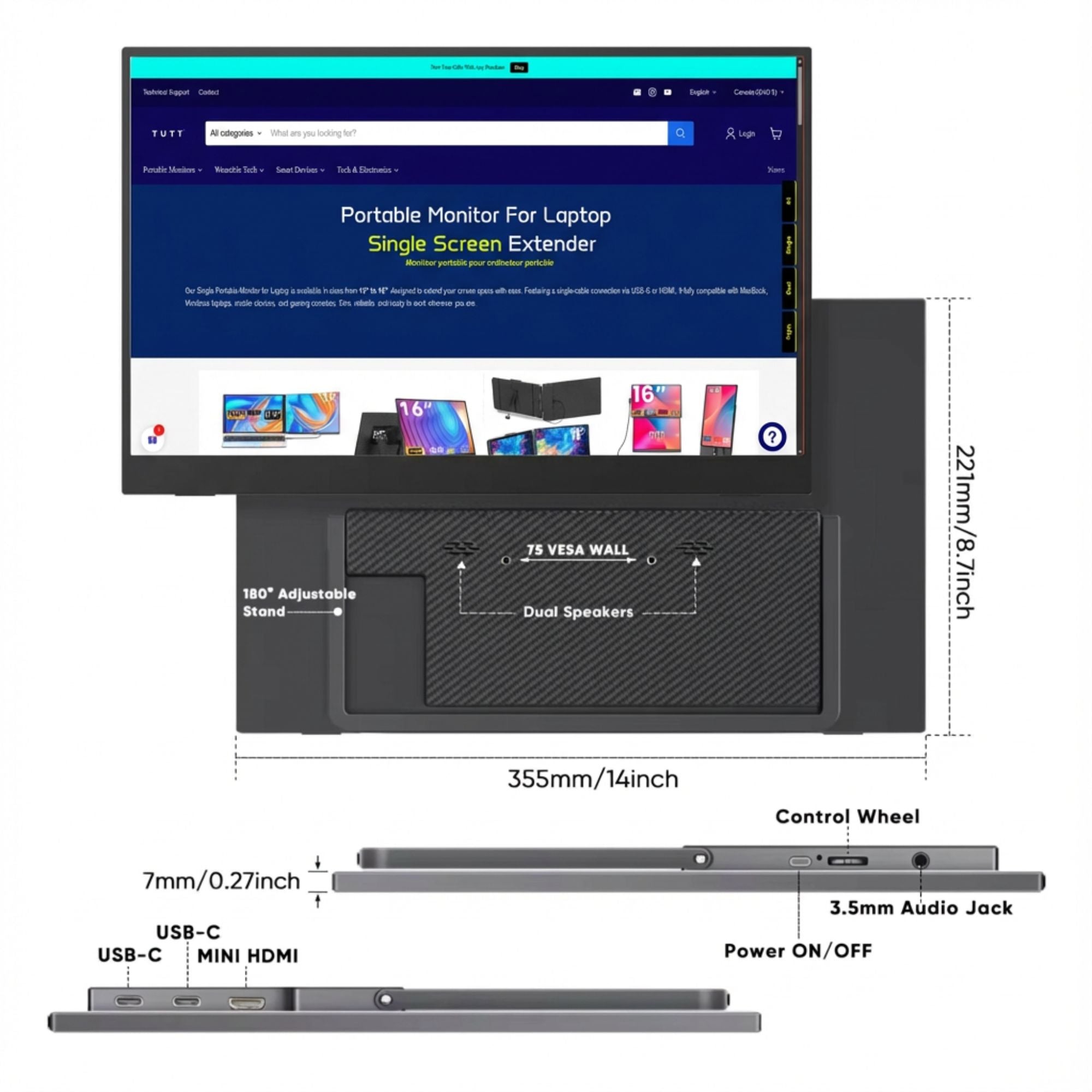 TUTT 15.6" Wireless Portable Monitor | Built-in Kickstand & Speaker | IPS LCD for Laptop and Mobile W8