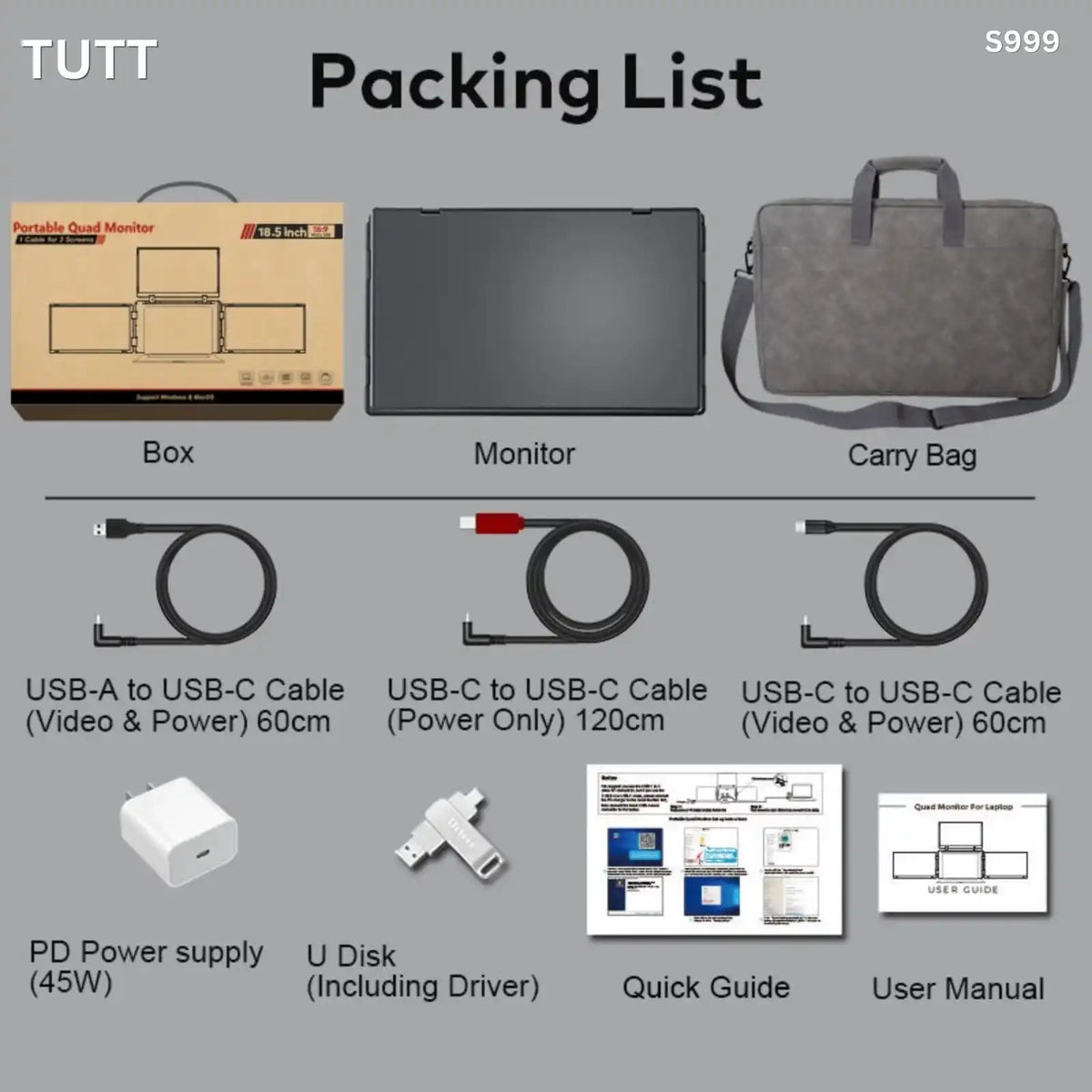 TUTT 18.5″ Quad Screen Portable Monitor For Laptop S999 | Single Cable Setup | 1080p IPS | sRGB 100%