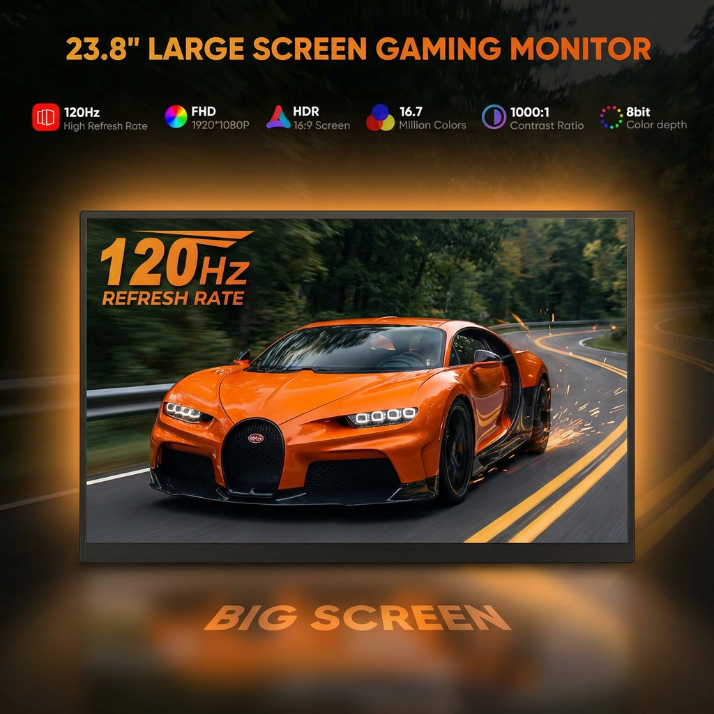 TUTT 23.8" Gaming Portable Monitor | 120Hz FHD Built-in Kickstand, Dual Speaker, VESA Mount S23