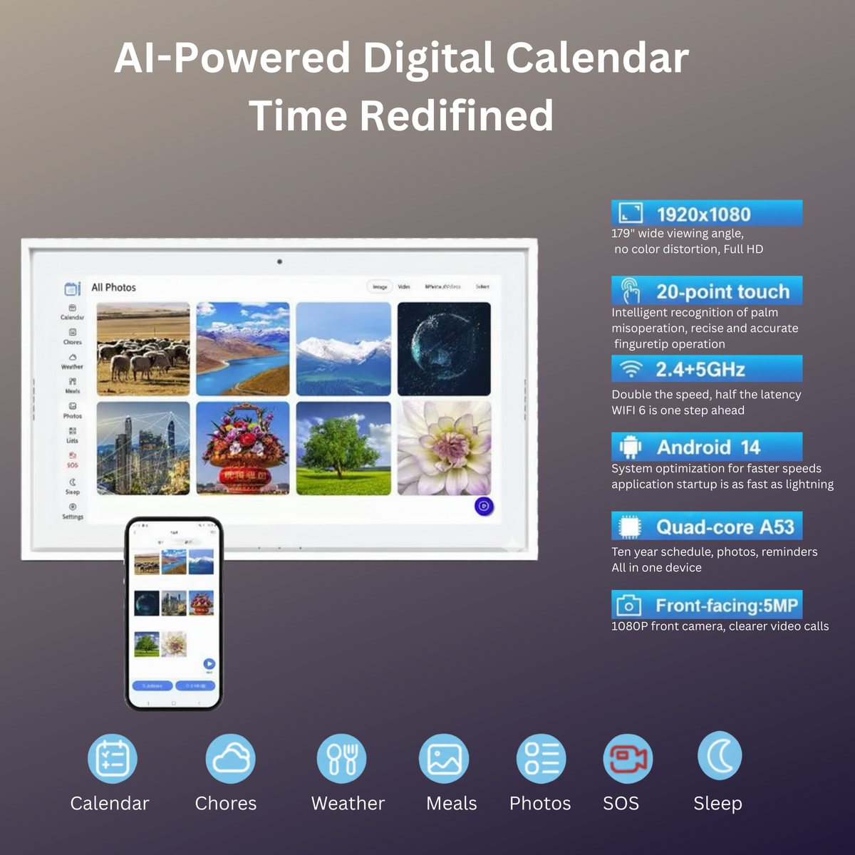 TUTT 15.6" Smart Display Digital Calendar with Camera, Android 14, Video Call Feature, Chore Chart, Photo & Video Frame, Wall Mounted & Desktop