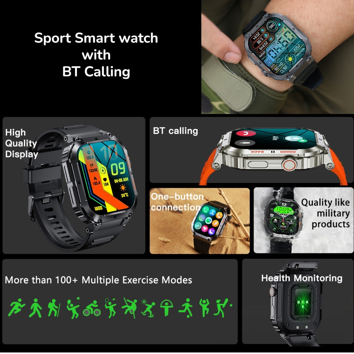 TUTT Military Smart Watch for Men | 3ATM Waterproof 1.96" Display,  Health & Fitness Tracker iOS/Android, | B8